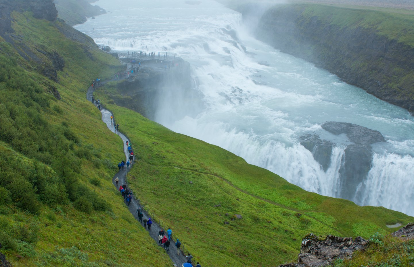 Iceland Gullfoss Falls on Hvita River from above with tourists walking on trail