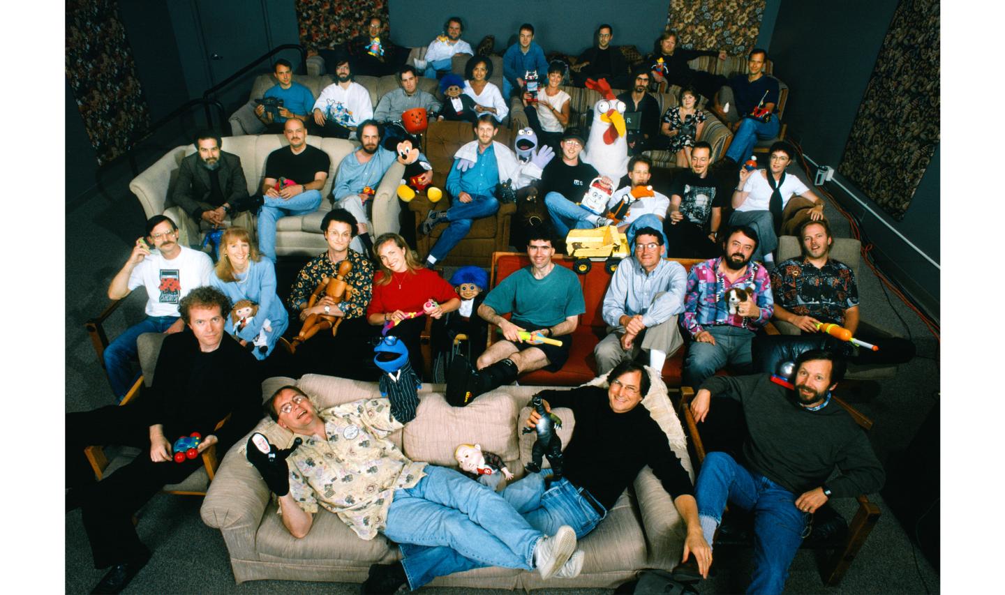 A group of Pixarians shot for a 1995 Fortune feature, "Steve Jobs' Amazing Movie Adventure." Levy, his leg in a black cast, is in the second row, behind Jobs and Lasseter.