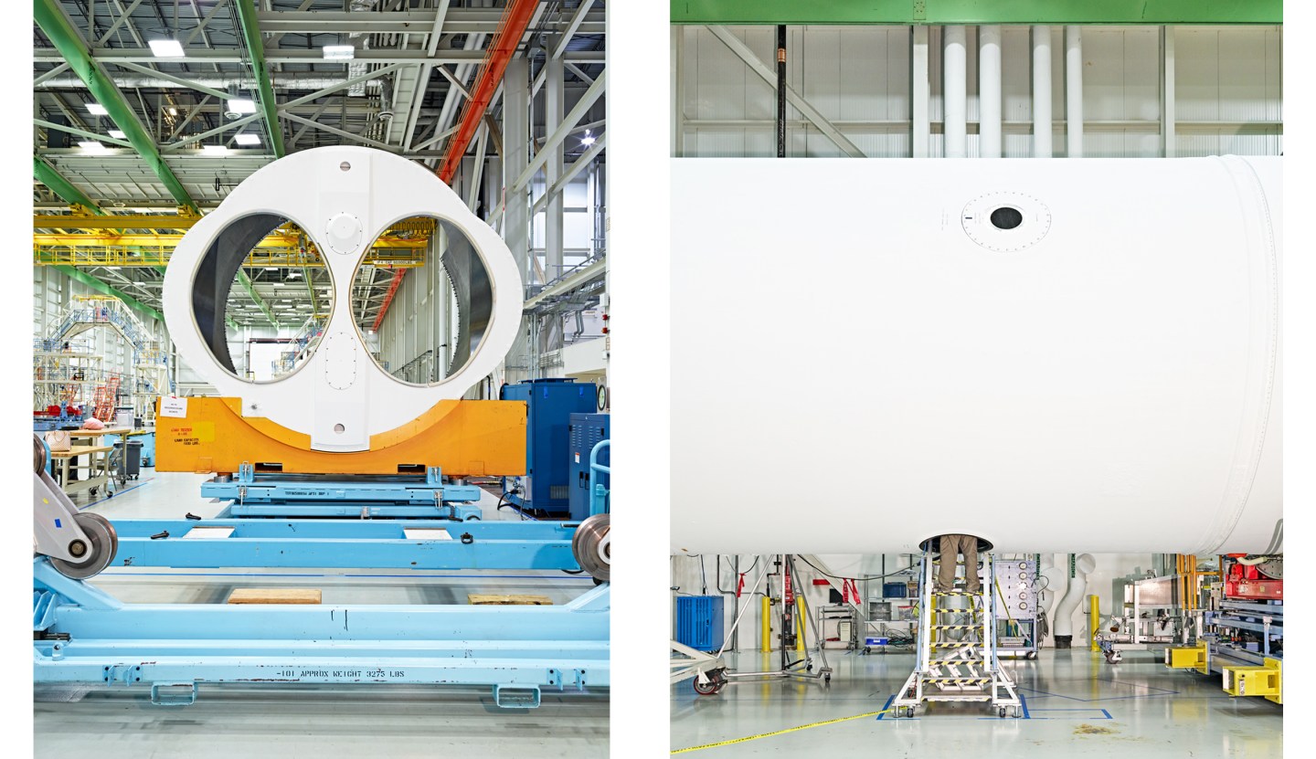 RD-180 engine mount for Atlas V rocket, left, and Delta IV in final assembly, right at ULA’s plant in Decatur, Ala. The rockets will travel by a large cargo ship, "The Delta Mariner" from Decatur, along the Tennessee River to the open ocean, the trip takes 8 days to get to Cape Canaveral Air Force Station, Fla., and 21 days to get to Vandenberg Air Force Base, Calif. 
