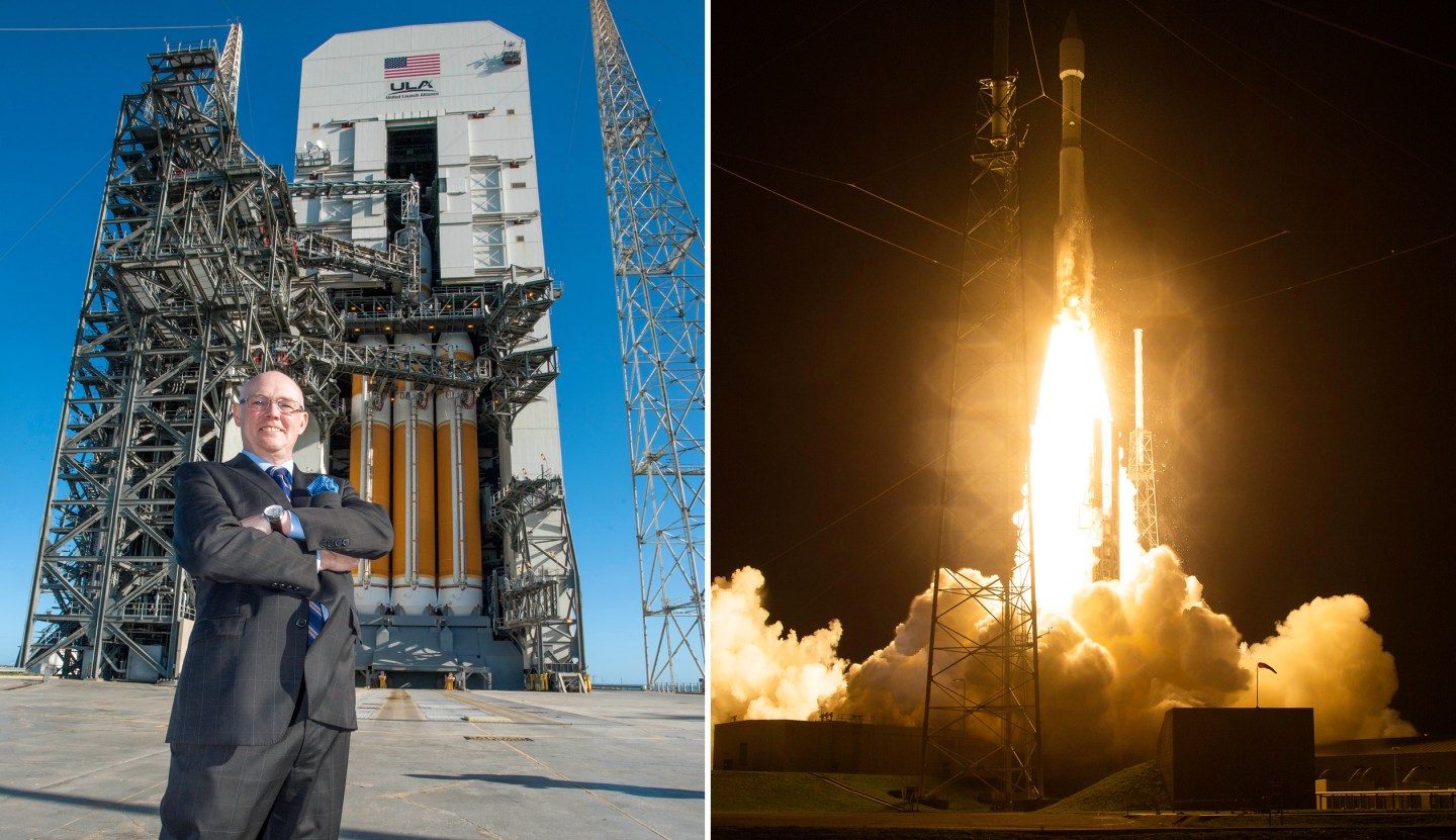 ULA CEO Tory Bruno (left) in front of one of the company’s Delta IV rockets; An Atlas V (right) launches with a NASA space probe.