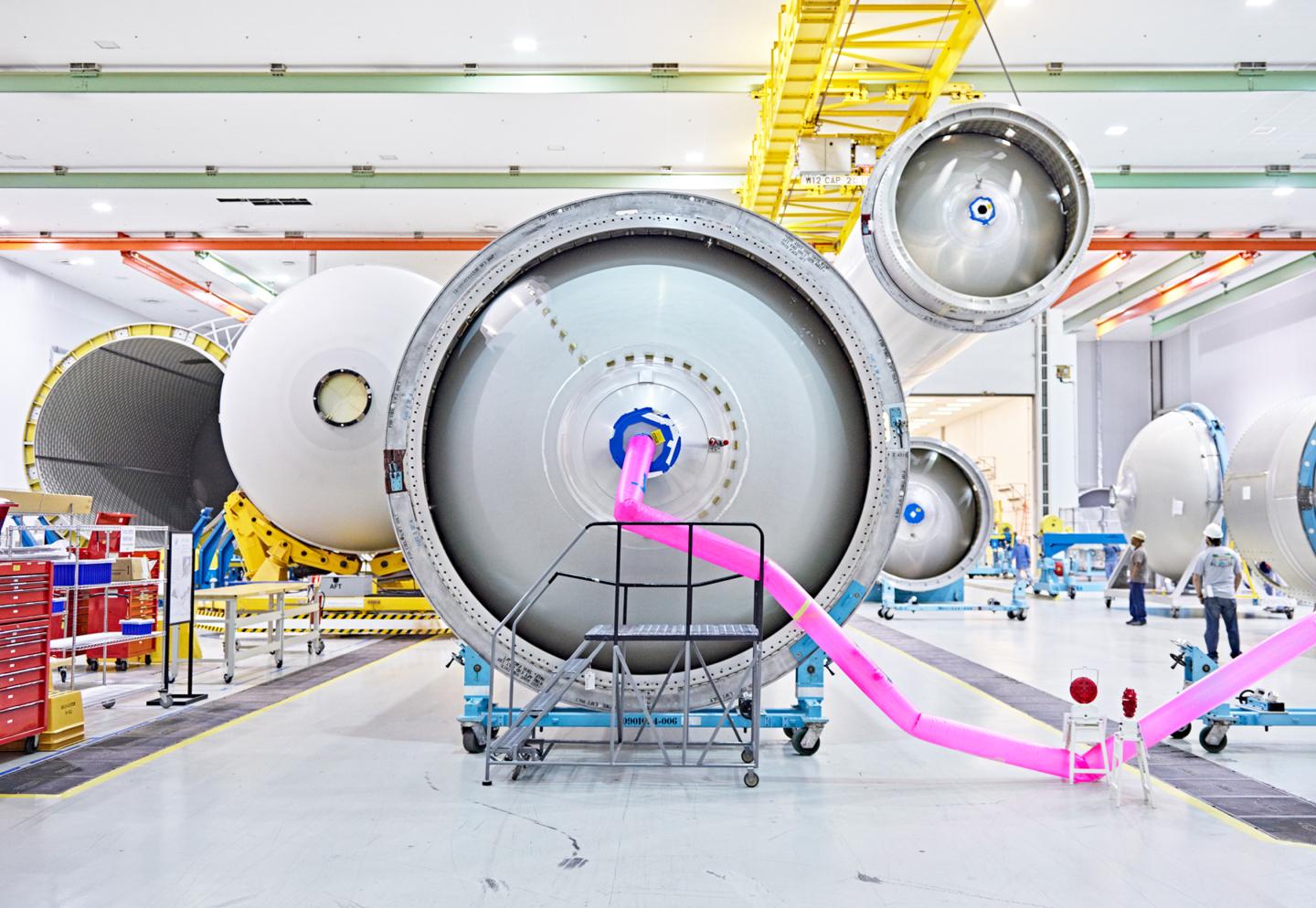 Atlas V tanks in the tank center at ULA's plant in Decatur, Ala. A finished Atlas V 500 series vehicle stands 205 feet tall – almost 19 stories. 