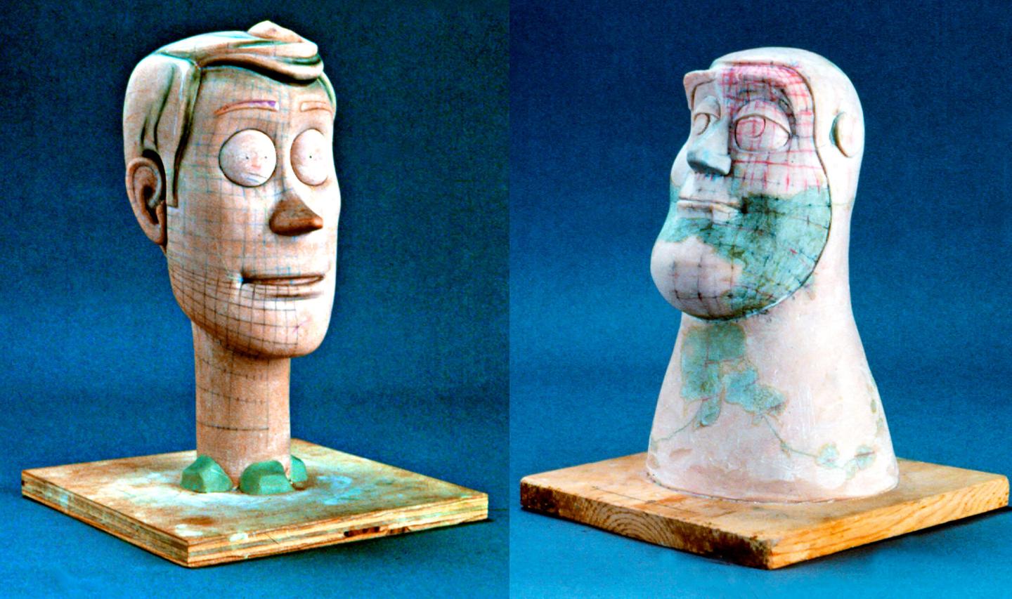 Animators working models of Toy Story's stars Woody, left and Buzz,1995.