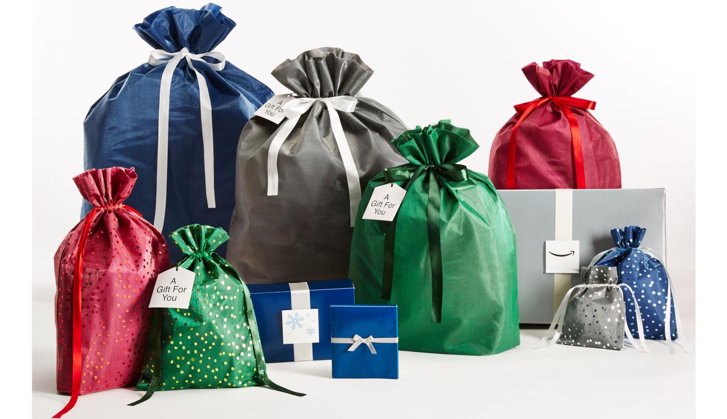 Amazon's velvet gift bags come in five sizes and three colors to fit presents of different shapes and sizes, offering a more environmentally-conscious option to traditional gift wrap. 