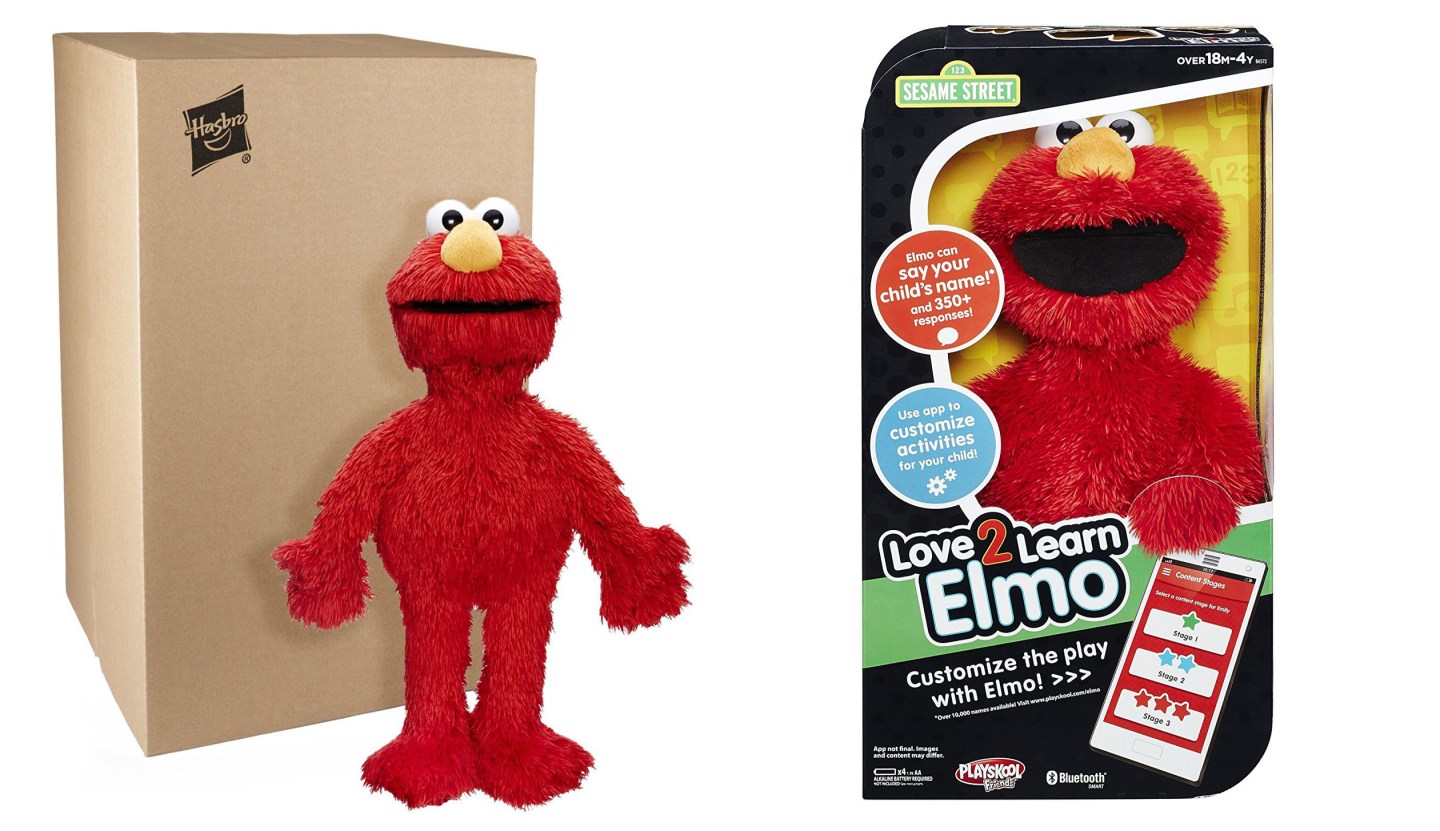 An example of Amazon's Frustration-Free Packaging. "The Love 2 Learn Elmo" doll, on left, uses recyclable cardboard—avoiding excess materials—and can be opened by hand without tools. The standard packaging, on right, uses more material and can be more difficult to open.