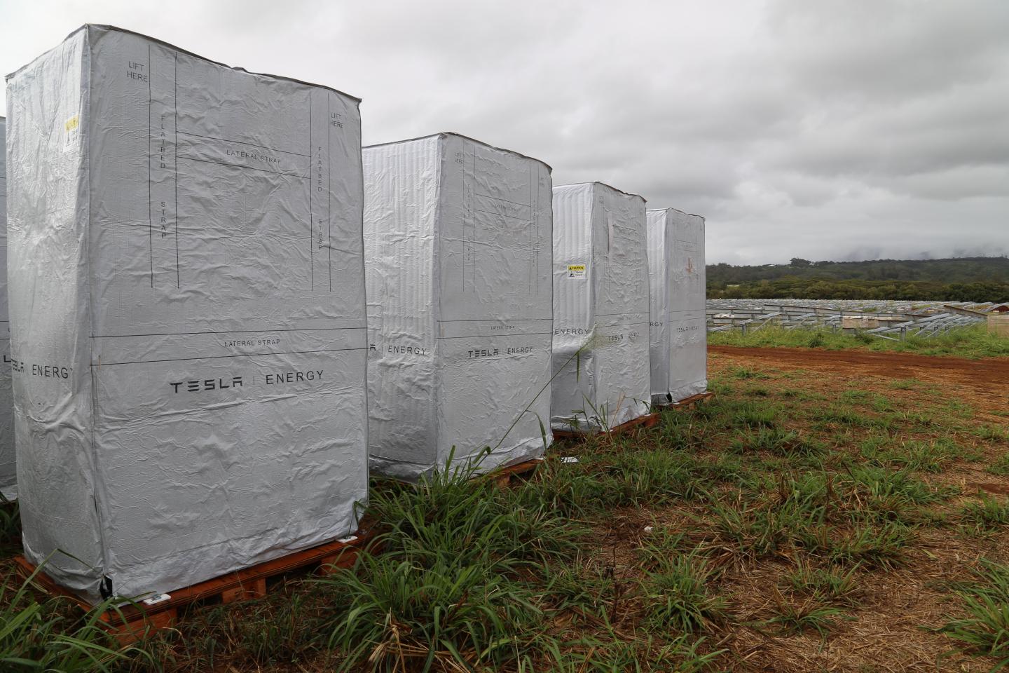 Tesla Powerwalls sit in the foreground with SolarCity's solar panel farm in the distance.