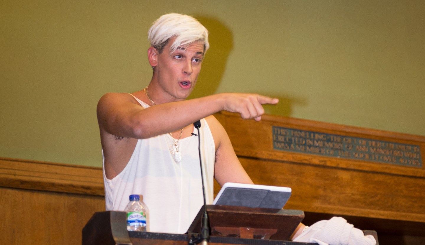 Milo Yiannopoulos speaks at the Young British Heritage Society launch event, his first British appearance since being banned from Twitter on August 17, 2016 in London, England.