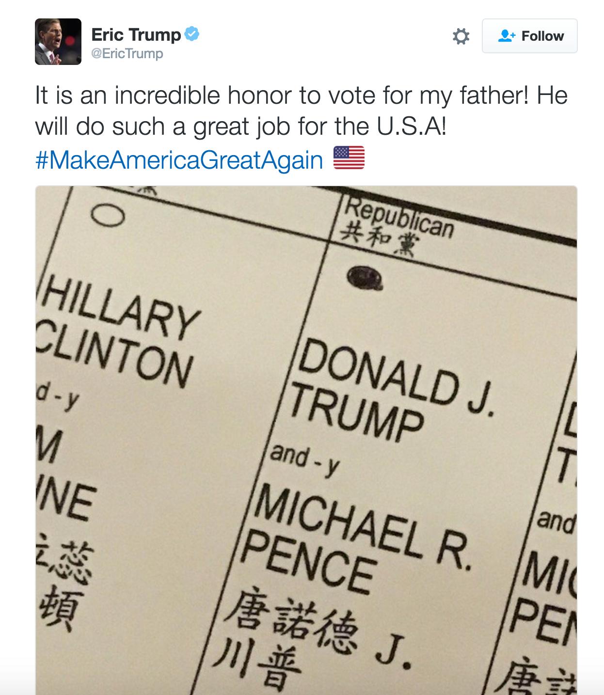 Screenshot of Eric Trump's tweet.