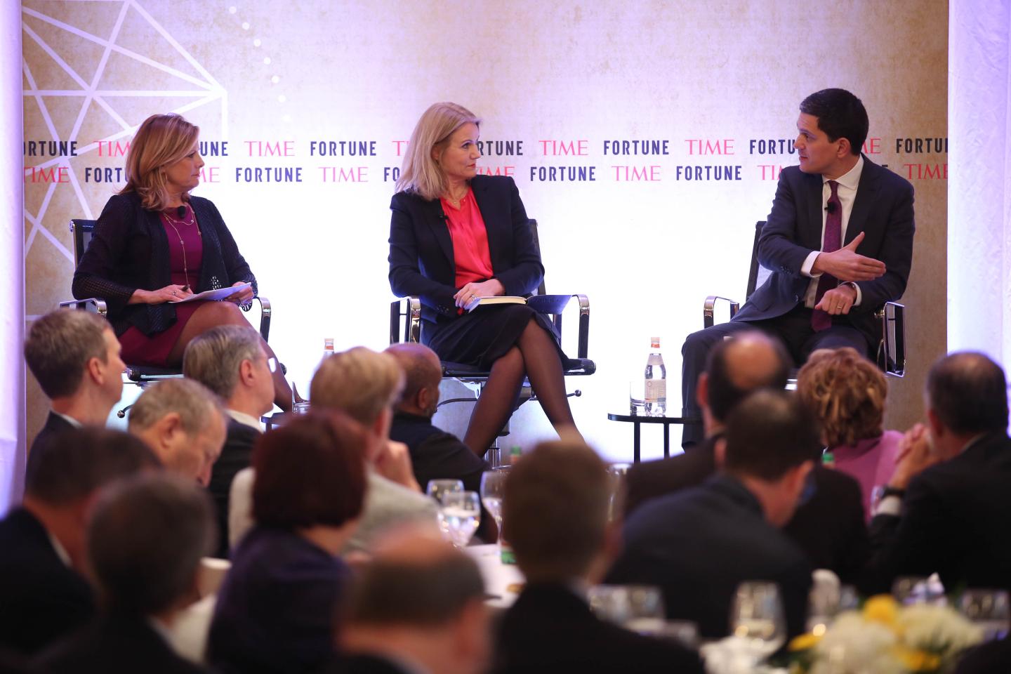 Fortune’s Nina Easton (left) with Save the Children International’s Helle Thorning-Schmidt and International Rescue Committee’s David Miliband. “Our biggest problem in the humanitarian sector,” says Miliband, “is not the answers we don’t know. It’s the programs that we know work but don’t get taken to scale because the donor base is so fragmented.”