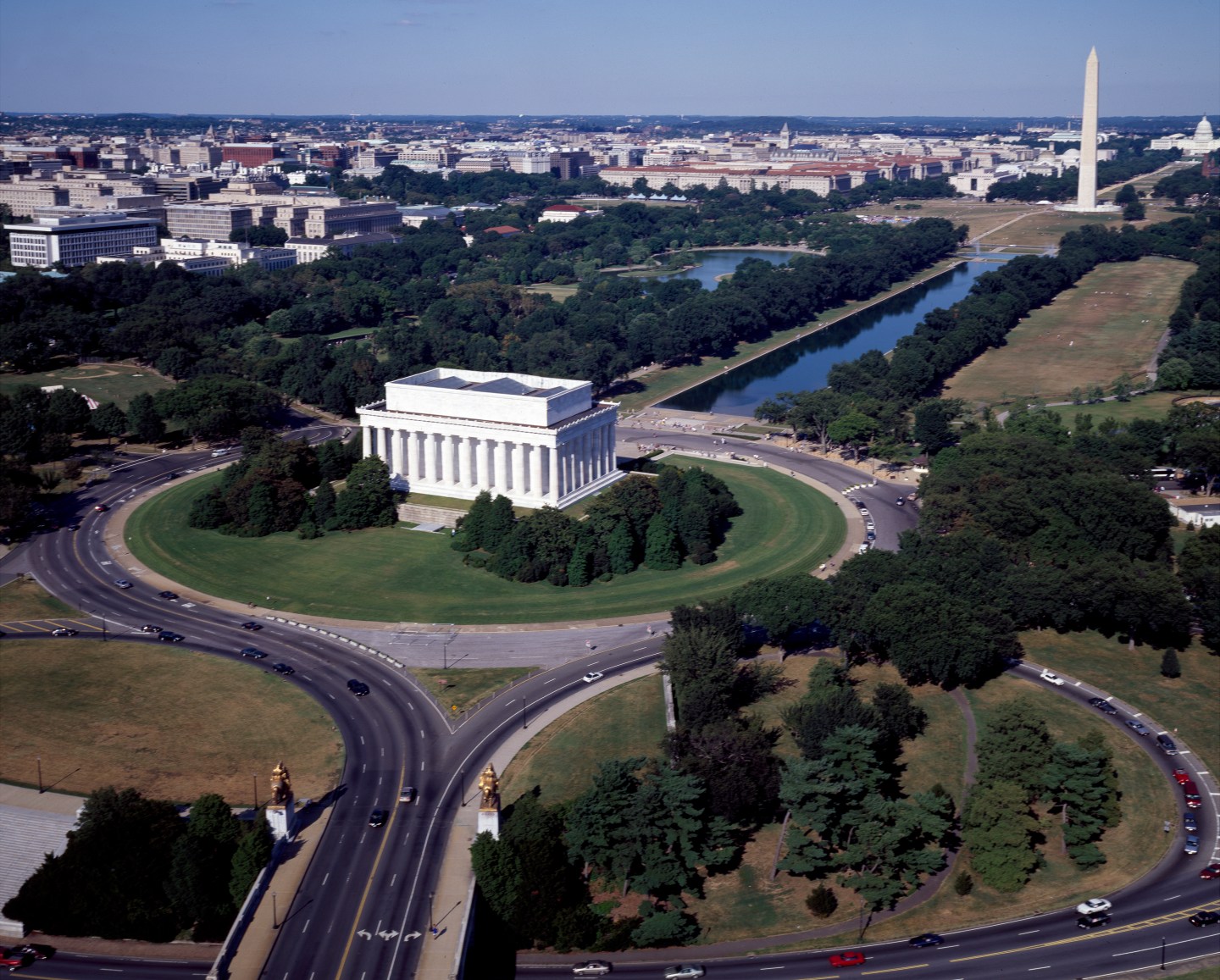 Aerial view of the Lincoln Memorial (foreground), the National Mall Reflecting Pool, and the Washing