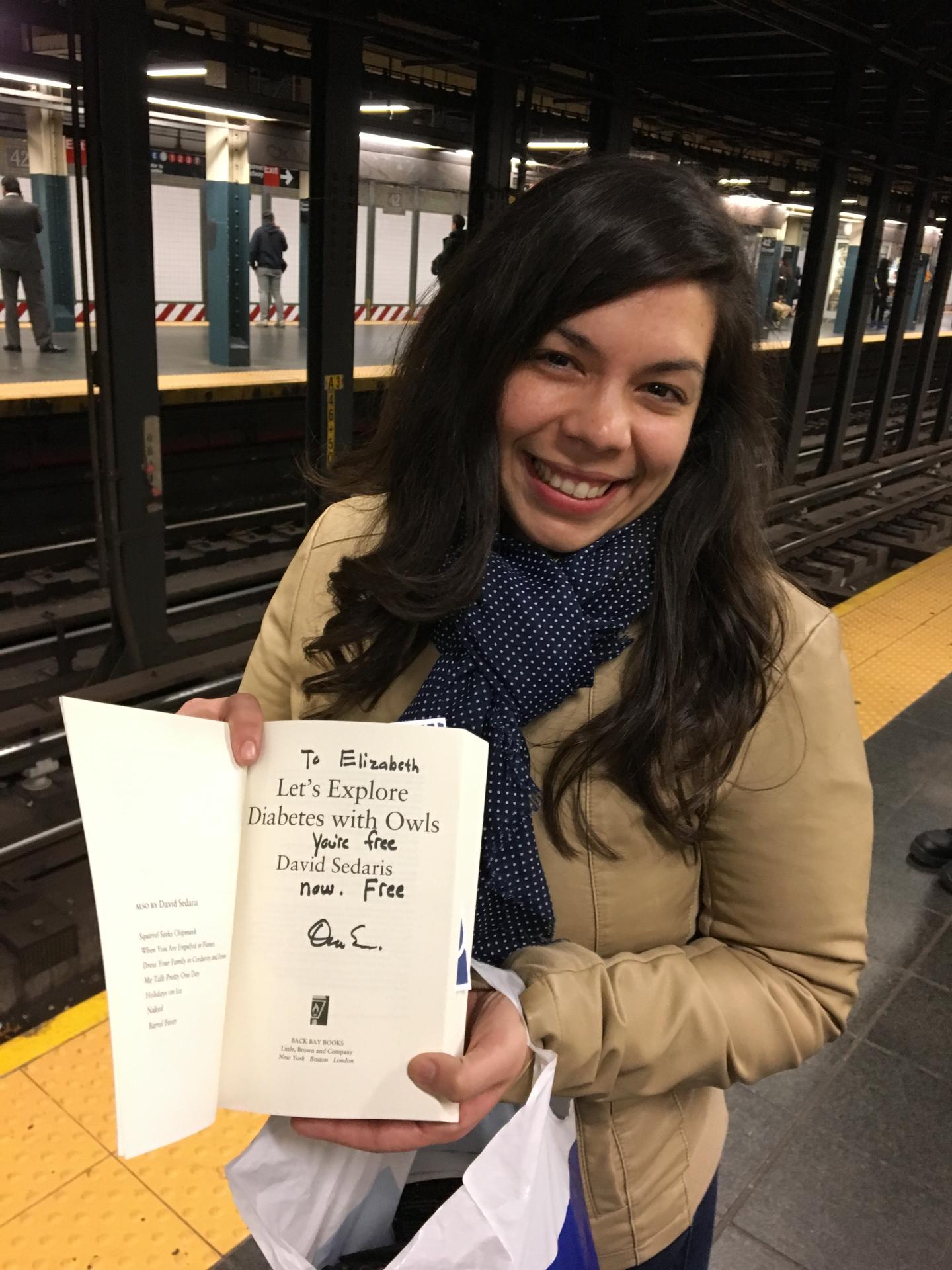 Elizabeth Wood attended a book signing with author David Sedaris on the day she quit her job. "You're free now," Sedaris wrote, after she told him she had quit.