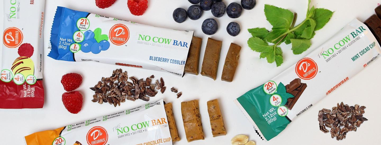 Low sugar, plant-based No Cow protein bars are made by food startup D's Naturals.