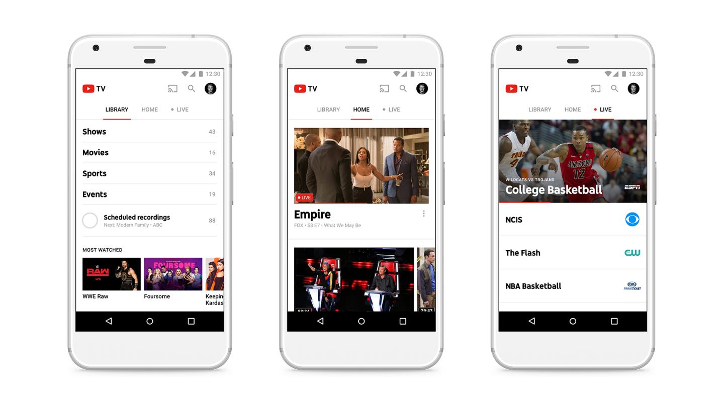 Screenshots showing YouTube TV's mobile app.