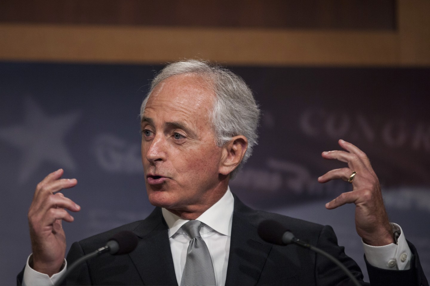 Senator Bob Corker, a Republican from Tennessee and chairman of the Senate Foreign Relations Committee, speaks during a press conference in Washington, D.C., U.S., on Thursday, Aug. 3, 2017.