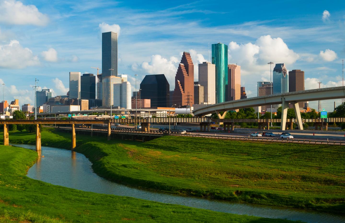 Houston skyline, freeway, and river