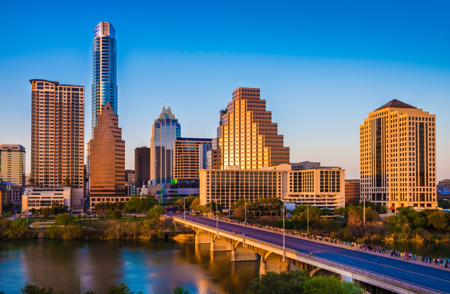 Austin Texas cityscape skyline panorama, Congress Avenue Bridge, late afternoon