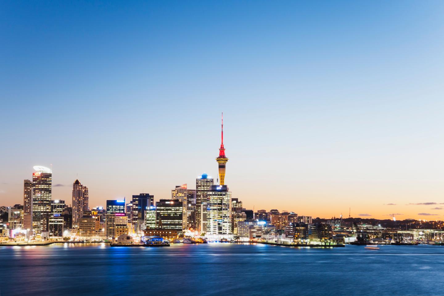 New Zealand, Auckland, Skyline with Sky Tower, blue hour
