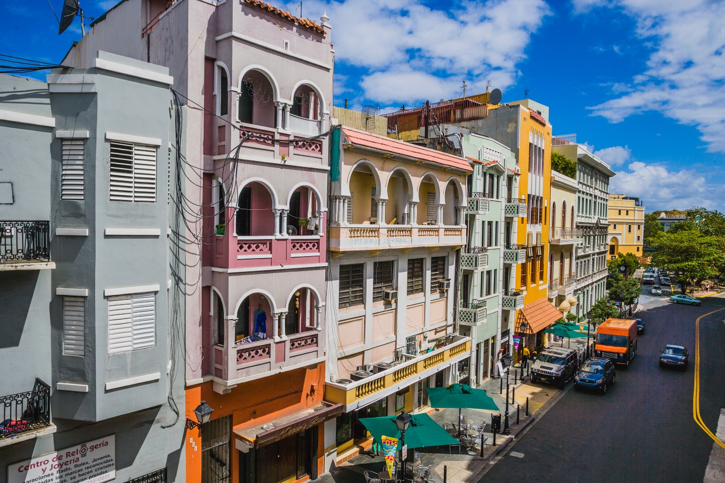 Typical colourful buildings in Recinto Sur street