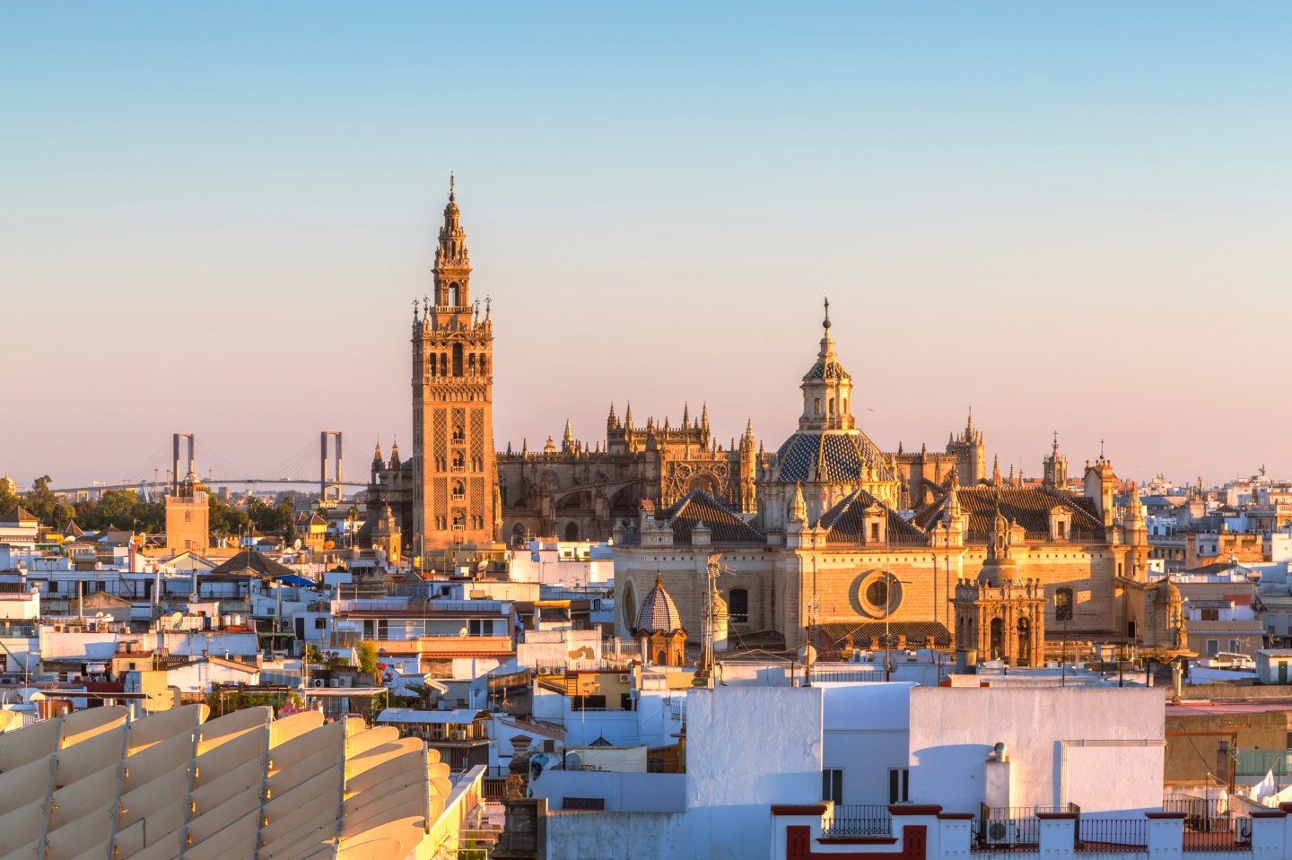 Spain, Andalusia, Seville. High angle view of city with Giralda tower