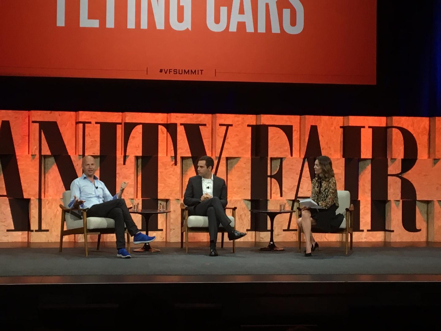 Kitty Hawk's Sebastian Thrun and Cameron Robertson with Bloomberg Television's Emily Chang at the 2017 Vanity Fair New Establishment Summit in Beverly Hills, Calif.