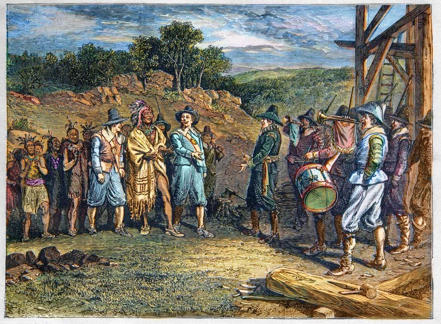 Wampanoag leader Massasoit visiting colonists at Plymouth, 1620s