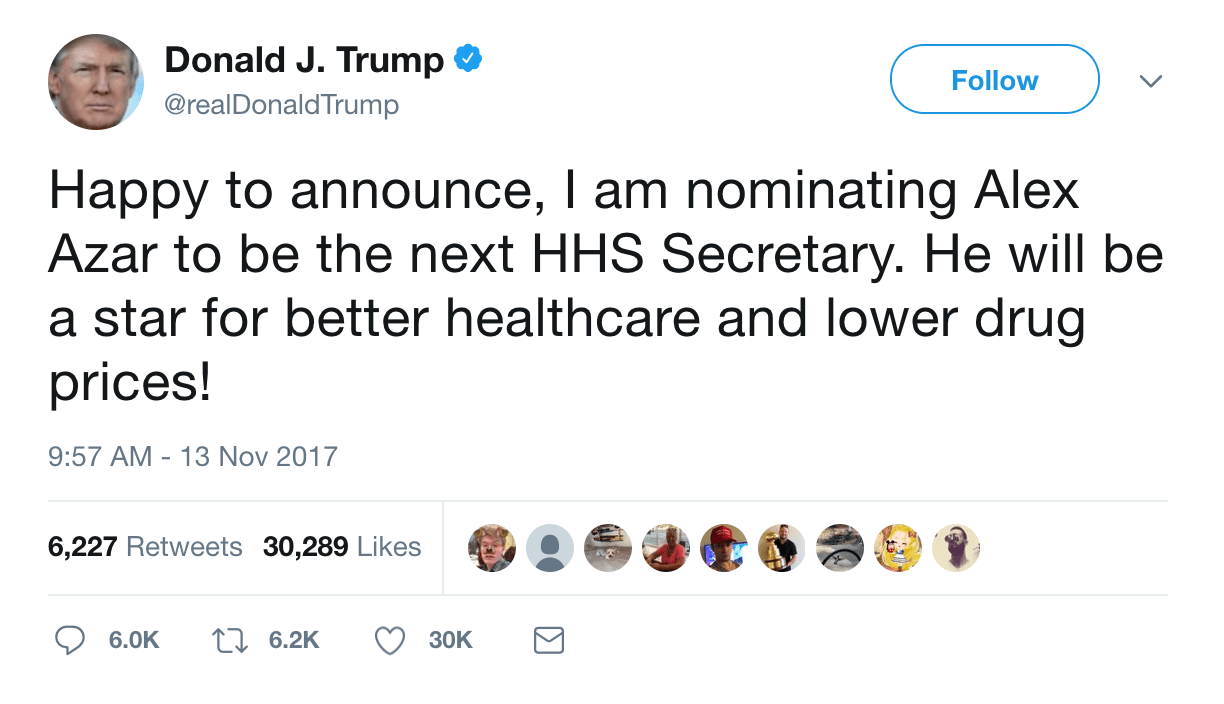 Trump Tweet HHS Pick Alex Azar