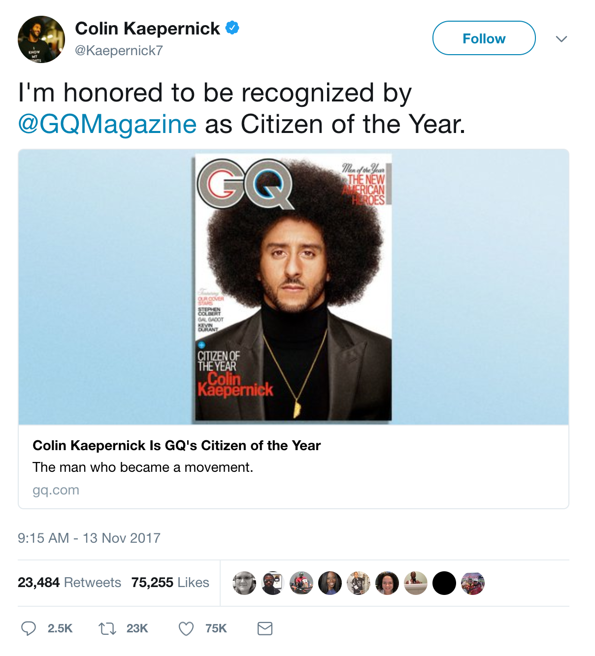 Tweet of Colin Kaepernick on the Cover of GQ