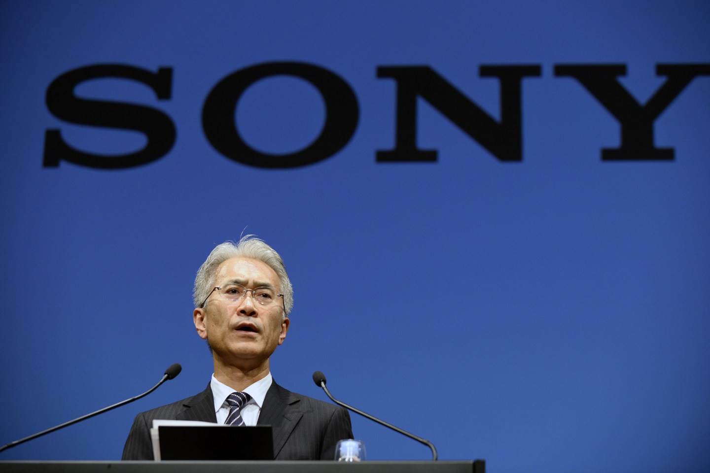 Sony's new CEO Kenichiro Yoshida, successor to Kaz Hirai, speaks at press conference.