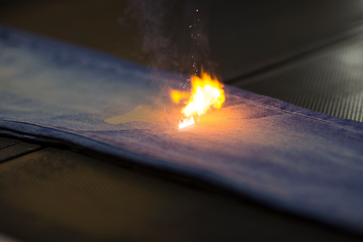 A pair of jeans undergoing laser finishing at Levi's Eureka Innovation Lab in San Francisco.