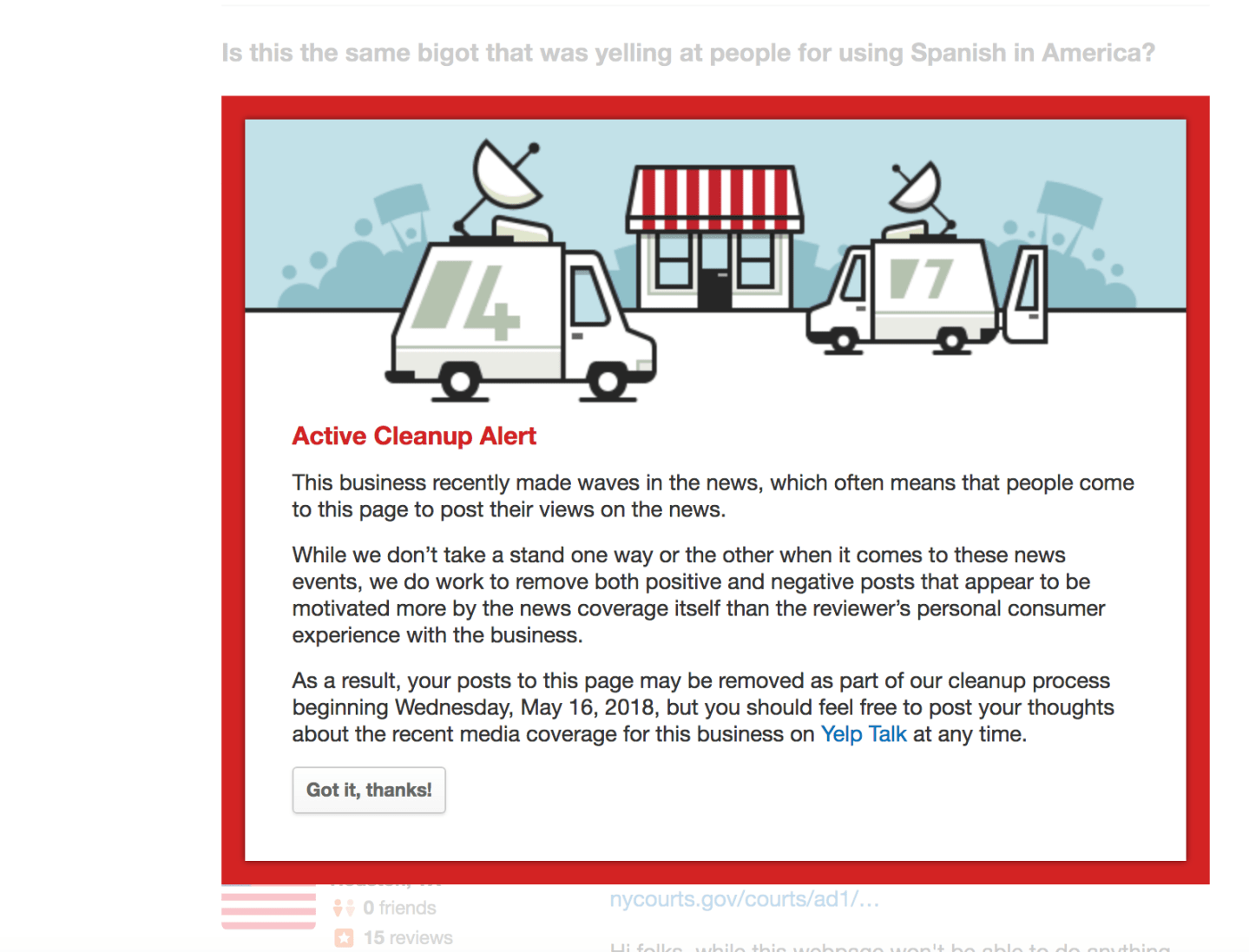 "Active Cleanup Alert" text box from Yelp