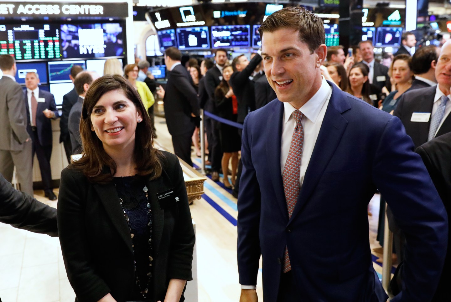 Stacey Cunningham, the one-time NYSE intern who will be the New York Stock Exchange's (NYSE) first woman president, appears at the NYSE with NYSE president Thomas W. Farley in New York