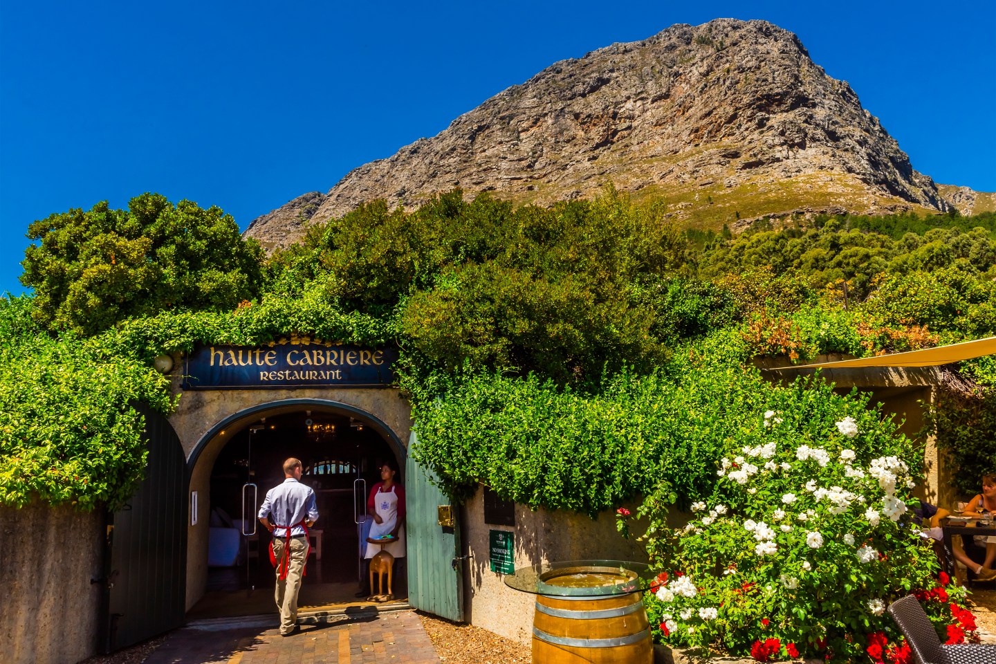 Terrace of restaurant at Haute Cabriere Vineyard Estate, Franschhoek Pass, Franschhoek, Cape Winelands