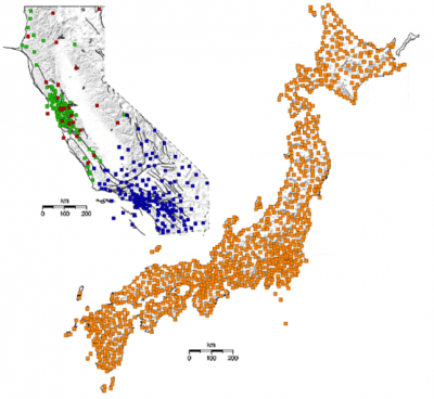 California's incomplete sensor network means warnings can take longer in many places. Japan's is much denser.