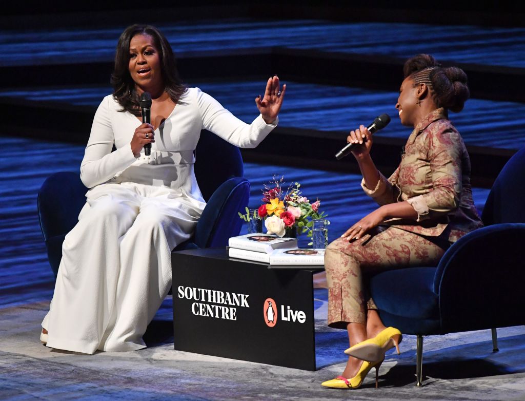 Michelle Obama speaks with Nigerian novelist Chimamanda Ngozi Adichie during a London stop on her massive 'Becoming' book tour.