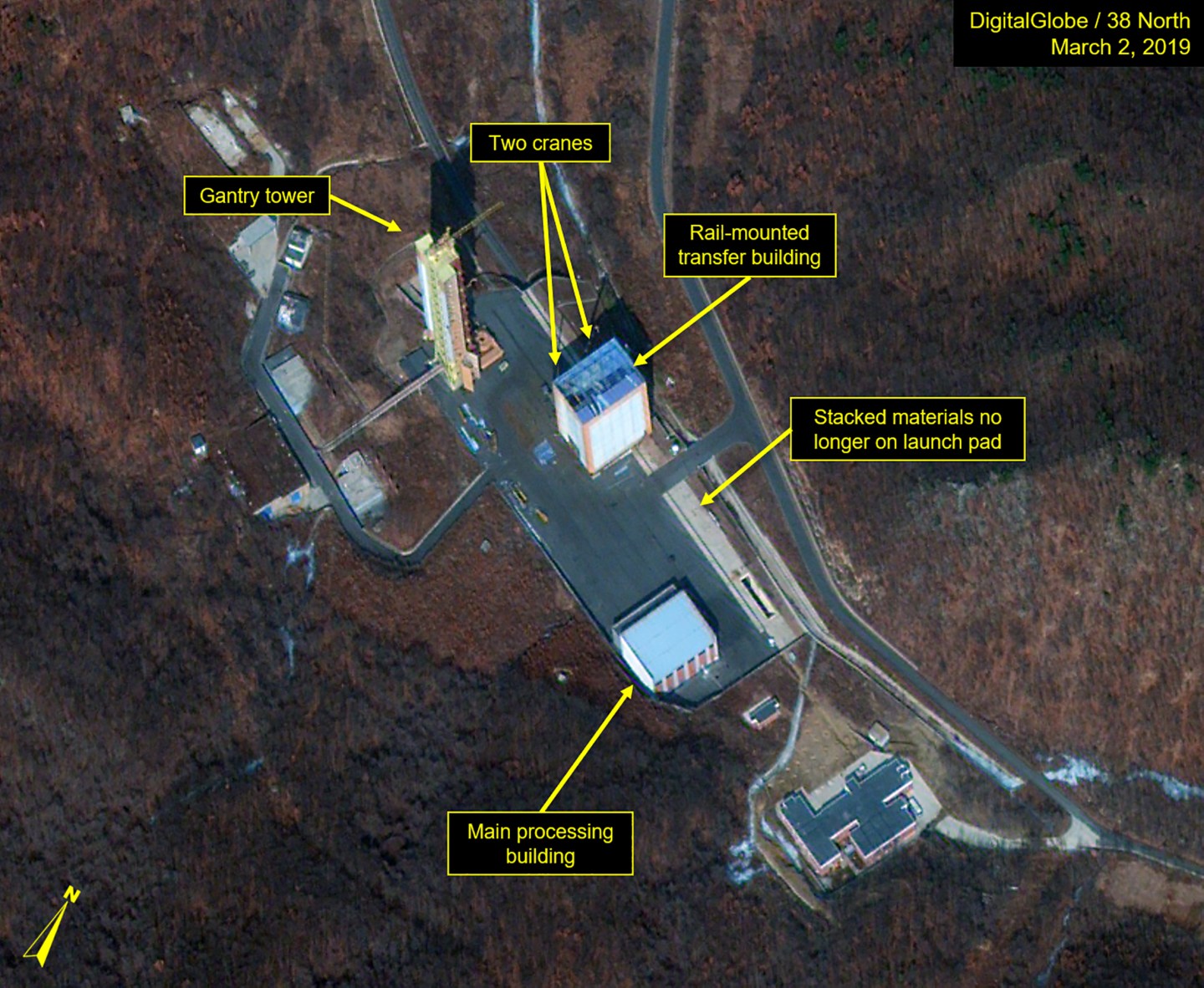 SOHAE SATELLITE LAUNCH PAD, NORTH KOREA - MARCH 2, 2018: Figure 1. Rail-mounted transfer building is being rebuilt.