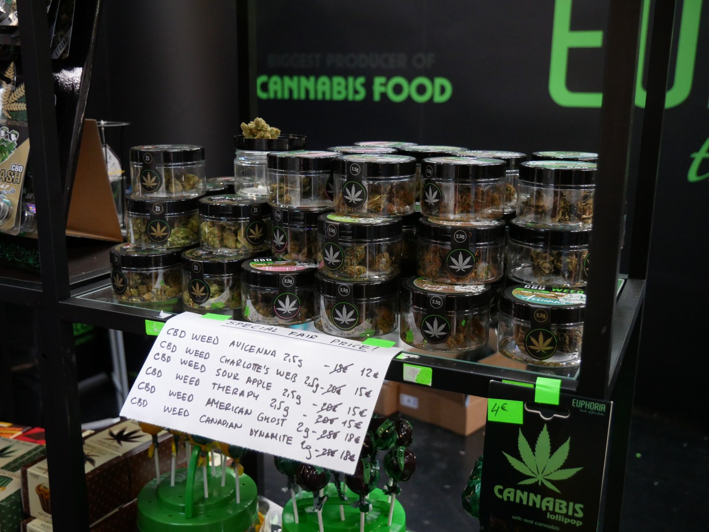 Smokable CBD products, with minimal THC content, on sale at the Mary Jane Berlin cannabis expo on June 21, 2019.