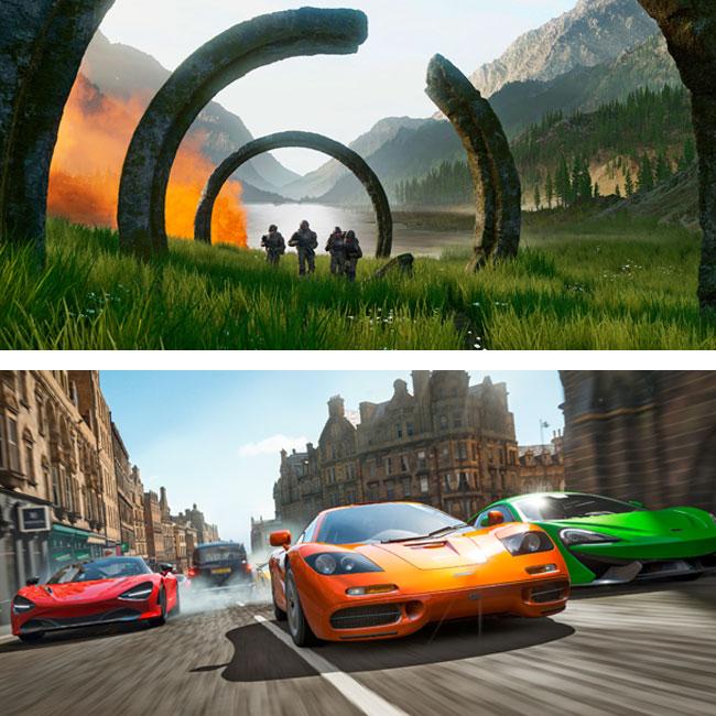 Frames from Halo Infinite, the forthcoming edition of the sci-fi game series, and Forza Horizon 4, a popular car-racing series.