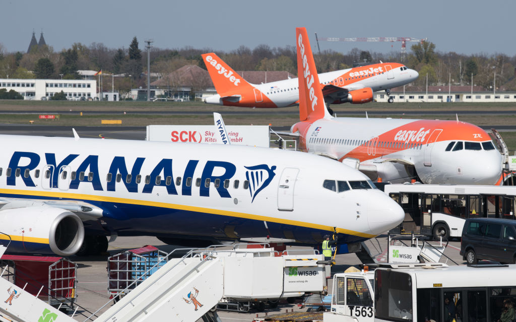 RyanAir and EasyJet plans sit on a tarmac