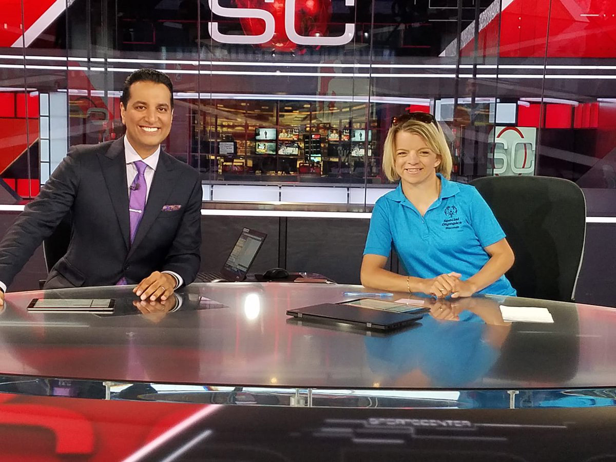 Special Olympics athlete and ESPN analyst Daina Shilts with ESPN host Kevin Negandhi during the 2018 Special Olympics USA Games.