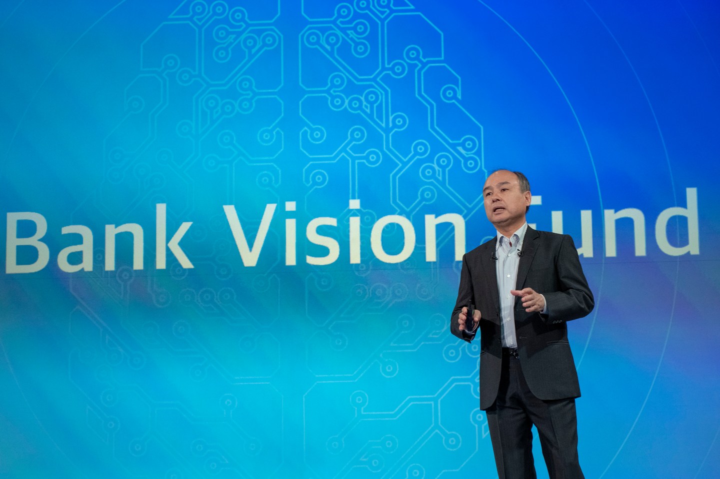 Masayoshi Son, chairman and chief executive officer of SoftBank Group Corp., speaks during a news conference in Tokyo, Japan, on Wednesday, Aug. 7, 2019. SoftBank reported first-quarter profit that beat the highest analyst estimate thanks to valuation gains from Vision Fund investments such as Slack Technologies Inc. (Photo by Alessandro Di Ciommo/NurPhoto via Getty Images)