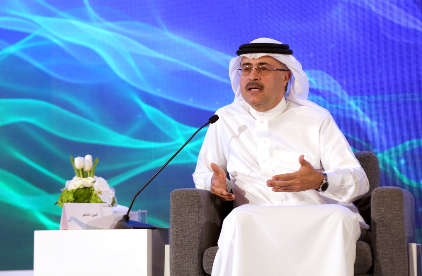Amin Nasser, chief executive officer of Saudi Arabian Oil Co. (Aramco), speaks during a news conference in Dammam, Saudi Arabia, on Sunday, Nov. 3, 2019. More than three years after Crown Prince Mohammed bin Salman first raised the idea -- and just three weeks after a plan to launch the share sale was abruptly shelved -- oil giant Saudi Aramco announced its intention on Sunday to list shares on the local stock exchange in Riyadh. Photographer: Mohammed Al-Nemer/Bloomberg via Getty Images