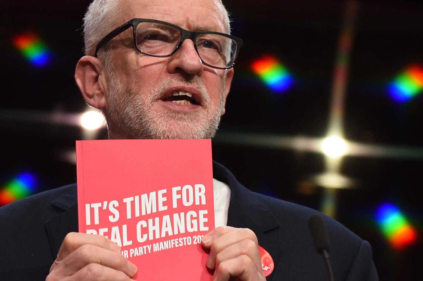 Britain's opposition Labour Party leader Jeremy Corbyn holds aloft a copy of the party's manifesto, as he speaks during the launch of the Labour party election manifesto in Birmingham, northwest England on November 21, 2019.