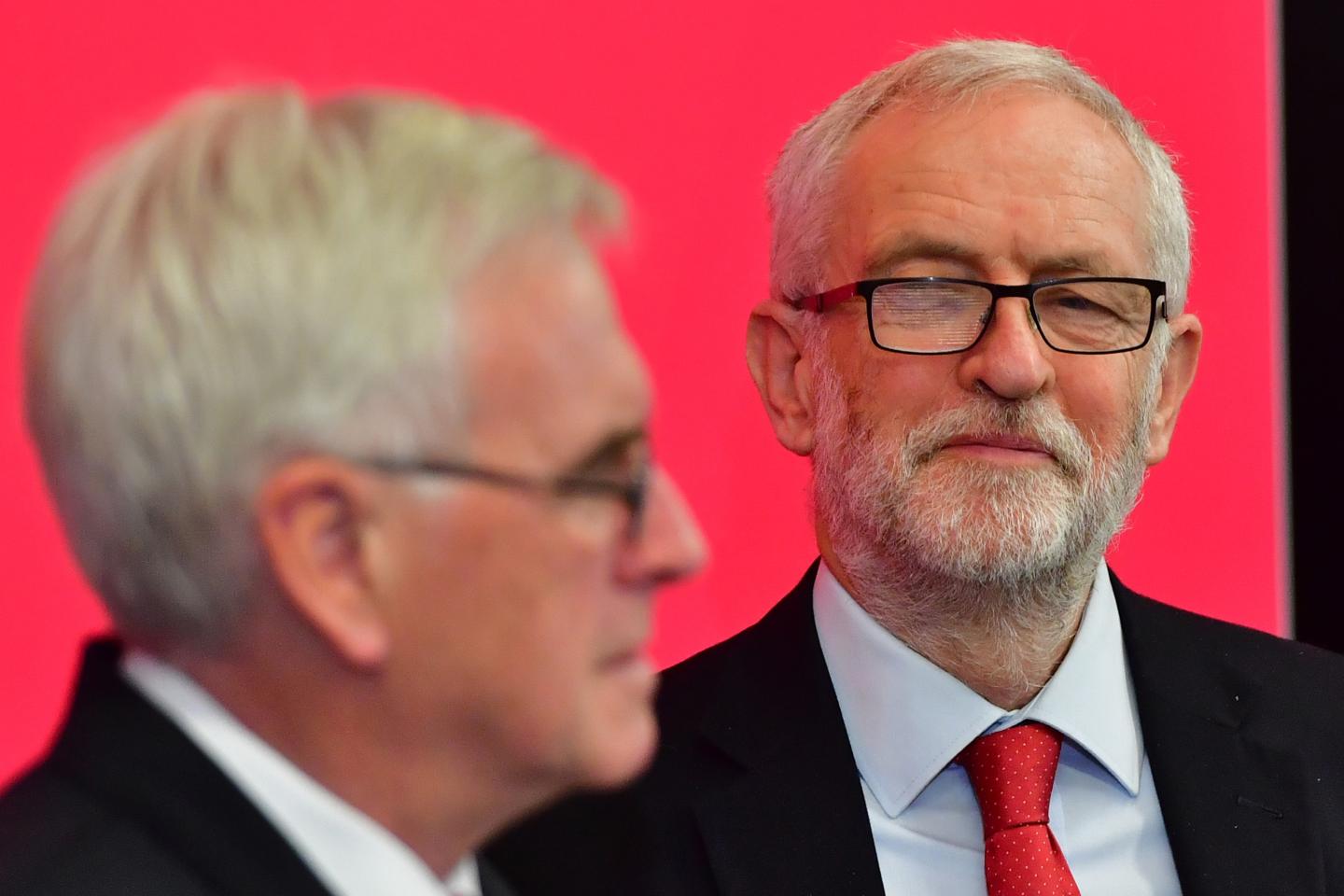 Shadow Chancellor John McDonnell and Labour leader Jeremy Corbyn address the audience at the University of Lancaster on November 15, 2019 in Lancaster, England. Labour leader Jeremy Corbyn has announced a major new digital infrastructure policy including free broadband for all.