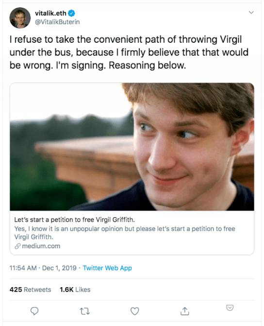 vitalik buterin tweets about virgil griffith