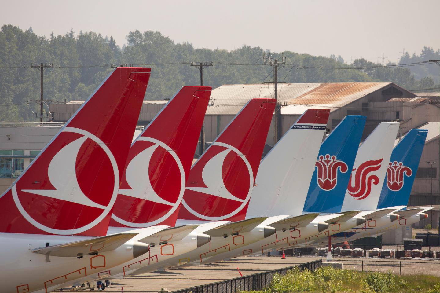 SEATTLE, WA - MAY 31: The tails of Boeing 737 MAX airplanes are seen as they sit parked at a Boeing facility adjacent to King County International Airport, known as Boeing Field, on May 31, 2019 in Seattle, Washington. Boeing 737 MAX airplanes have been grounded following two fatal crashes in which 346 passengers and crew were killed in October 2018 and March 2019. (Photo by David Ryder/Getty Images)