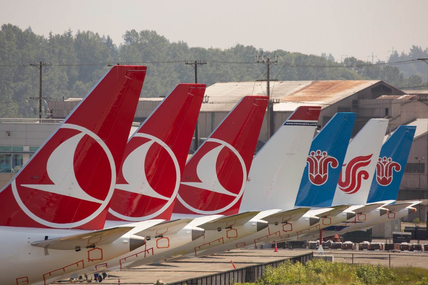 SEATTLE, WA - MAY 31: The tails of Boeing 737 MAX airplanes are seen as they sit parked at a Boeing facility adjacent to King County International Airport, known as Boeing Field, on May 31, 2019 in Seattle, Washington. Boeing 737 MAX airplanes have been grounded following two fatal crashes in which 346 passengers and crew were killed in October 2018 and March 2019. (Photo by David Ryder/Getty Images)