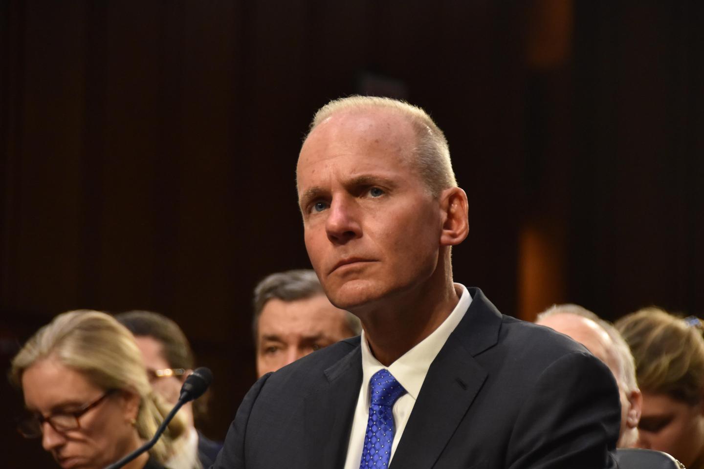 WASHINGTON, DC - OCTOBER 29: Dennis Muilenburg, Chief Executive Officer of Boeing Co., listens during a Senate Commerce, Science and Transportation hearing on Capitol Hill on October 29, 2019 in Washington, DC. (Photo by Sha Hanting/China News Service/VCG via Getty Images)