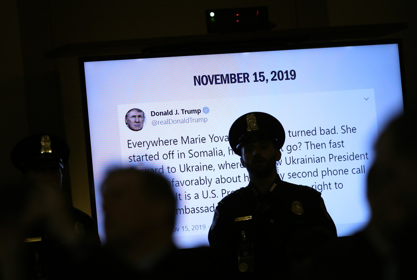 A tweet from U.S. President Donald Trump created while former U.S. Ambassador to Ukraine Marie Yovanovitch's testifies before the House Intelligence Committee is shown in the Longworth House Office Building on Capitol Hill November 15, 2019 in Washington, DC. In the second impeachment hearing held by the committee, House Democrats continue to build a case against U.S. President Donald Trump’s efforts to link U.S. military aid for Ukraine to the nation’s investigation of his political rivals. (Photo by Drew Angerer/Getty Images)