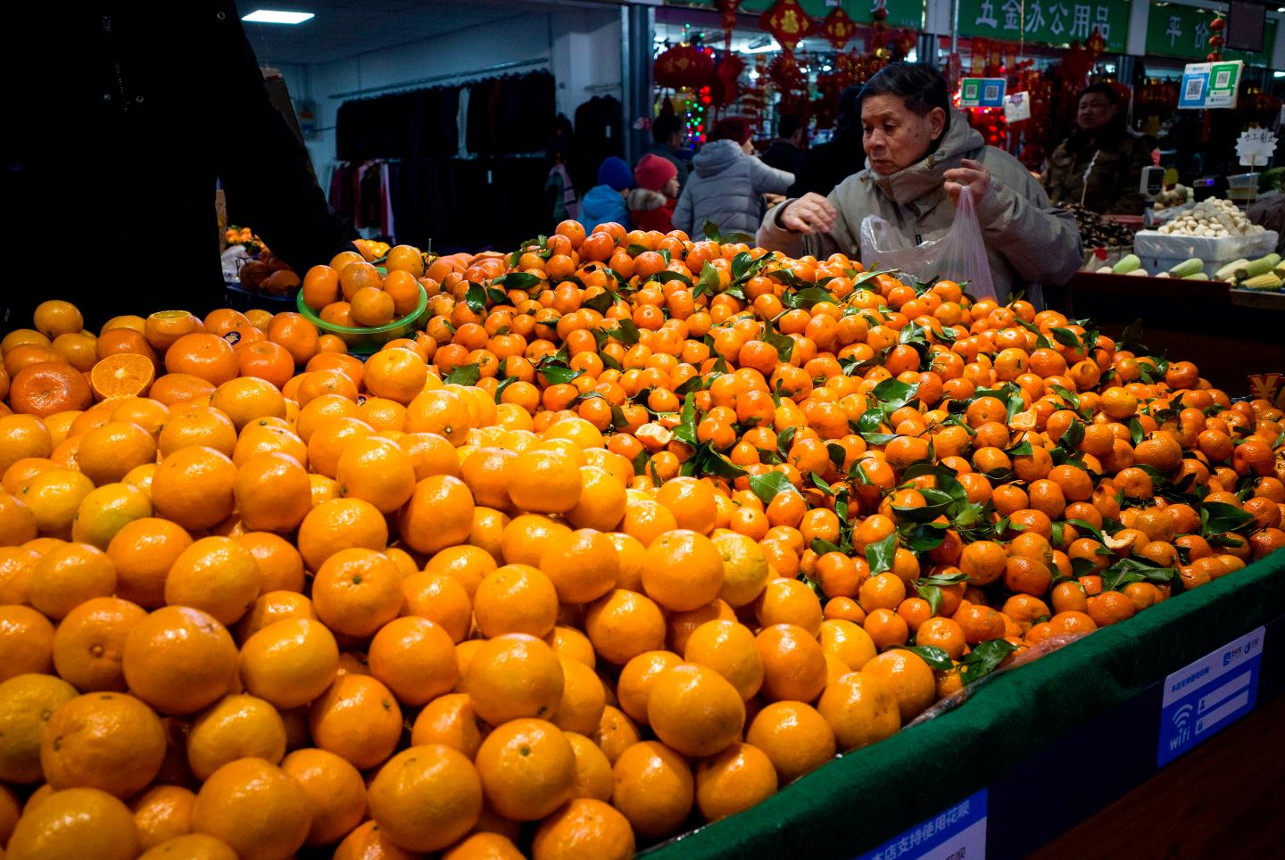 A customer picks oranges at a market in Beijing on January 14, 2020. - China's trade surplus with the United States narrowed last year as the world's two biggest economies exchanged punitive tariffs in a bruising trade war, official data showed Tuesday. (Photo by NOEL CELIS / AFP) (Photo by NOEL CELIS/AFP via Getty Images)