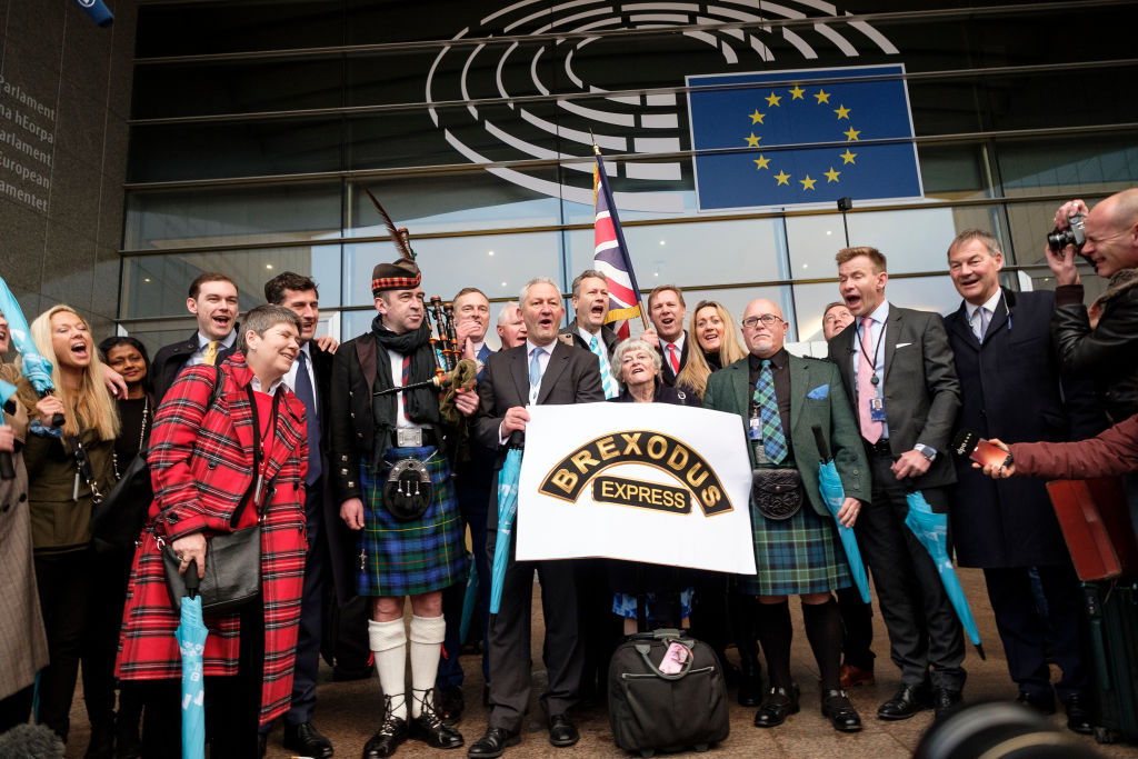 BRUSSELS, BELGIUM - JANUARY 31: British Members of the European Parliament (Non-attached Members -Brexit Party - UKIP) leave the European Parliament on January 31, 2020 in Brussels, Belgium. The United Kingdom is due to leave the EU on Friday at midnight (CET), the first nation in the bloc to do so. (Photo by Thierry Monasse/Getty Images)