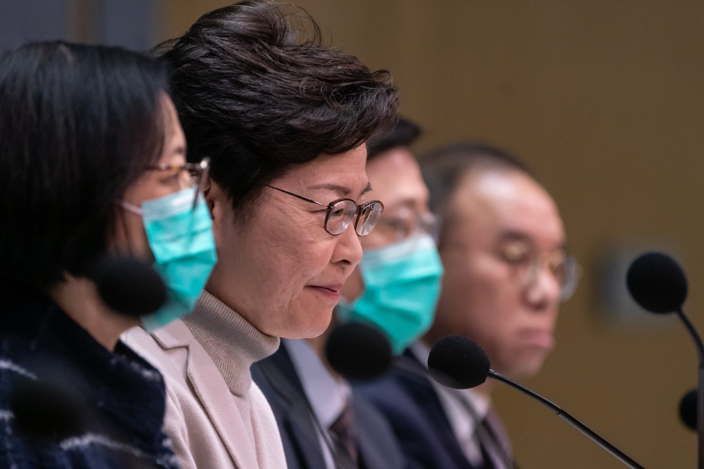 HONG KONG, CHINA - FEBRUARY 03: Hong Kong chief executive Carrie Lam speaks during a press conference at the Central Government Complex on February 3, 2020 in Hong Kong, China. The government has announced they will shut down all but two of the border crossing stations with mainland China. Hong Kong has 15 confirmed cases of Novel coronavirus (2019-nCoV), with over 17000 confirmed cases around the world, the virus has so far claimed over 300 lives.(Photo by Anthony Kwan/Getty Images)